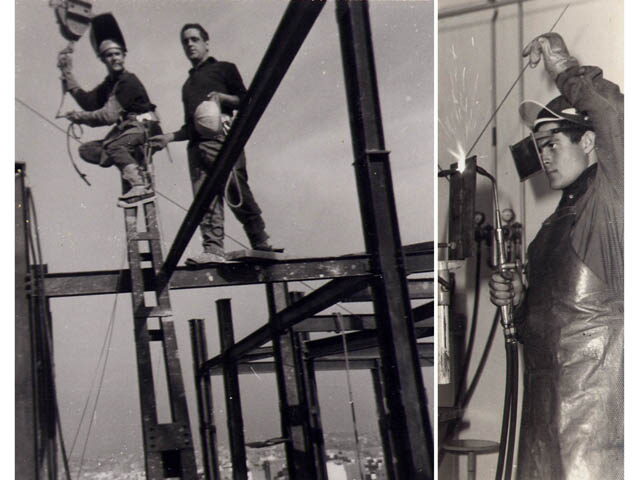 Fotografía antigua de operarios soldando y montando estructuras metálicas Fotografía antigua de operarios soldando y montando estructuras metálicas