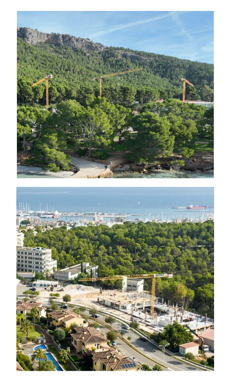 Grúas torre en obras de la costa de Mallorca