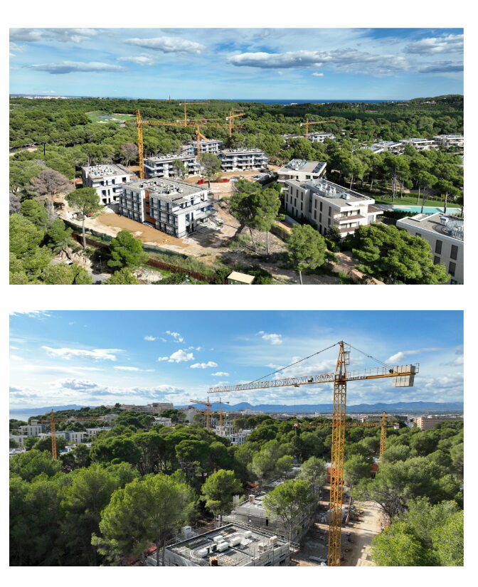 Vista aérea de obras con grúas torre en la provincia de Tarragona
