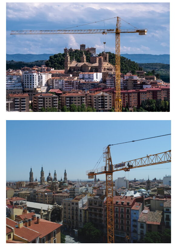 Grúas torre de Grúas Cerezo en obras de Zaragoza, junto a la basílica del Pilar Grúas torre de Grúas Cerezo en obras de Zaragoza, junto a la basílica del Pilar
