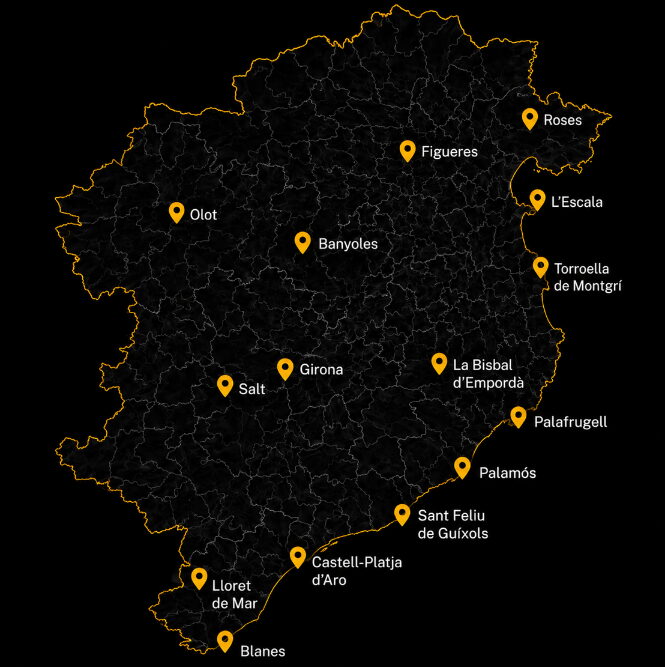 Mapa de la provincia de Girona con las zonas donde ofrecemos alquiler de grúas torre Mapa de la provincia de Girona con las zonas donde ofrecemos alquiler de grúas torre