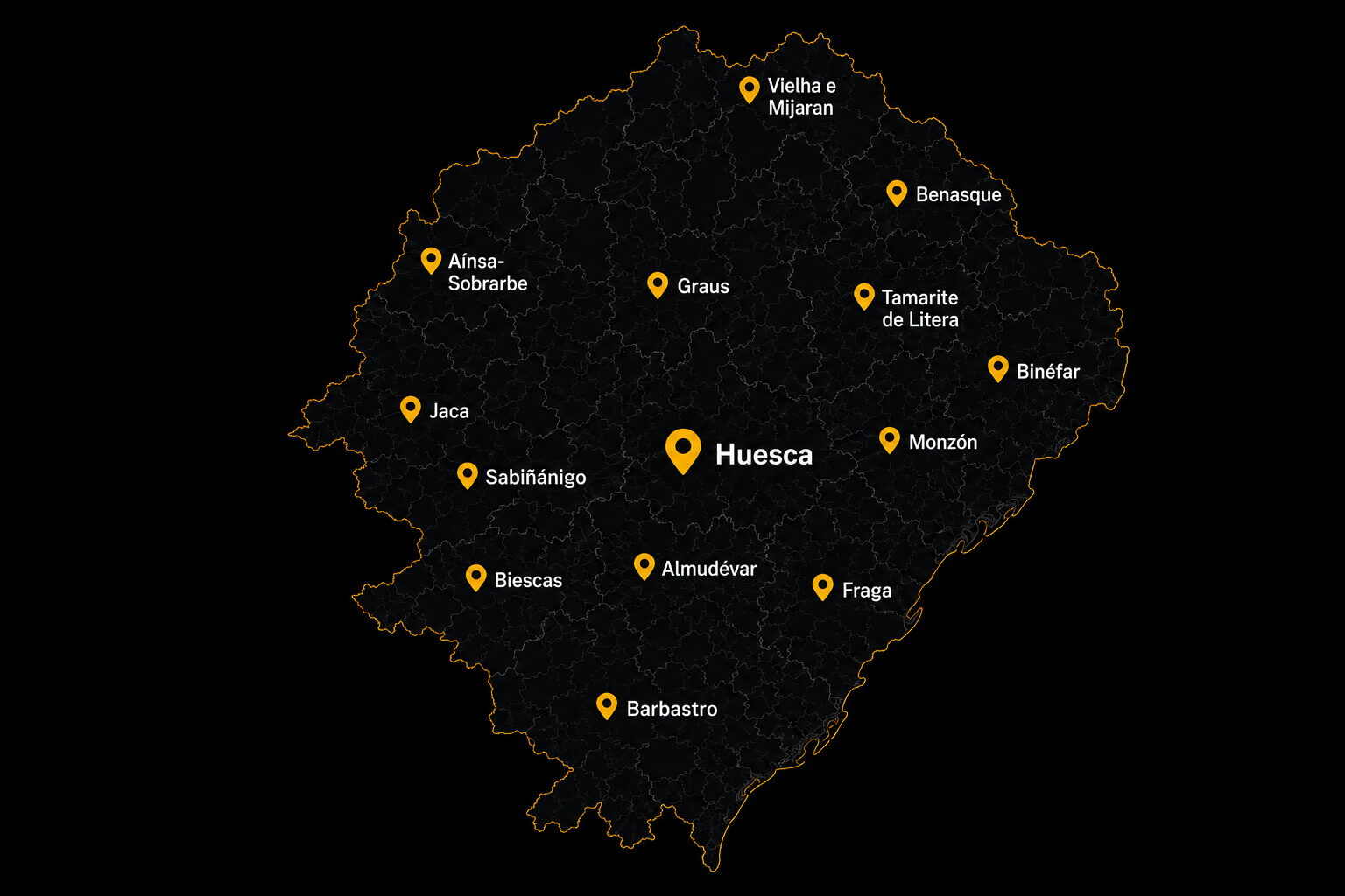 Mapa de la provincia de Huesca con las zonas donde ofrecemos alquiler de grúas torre