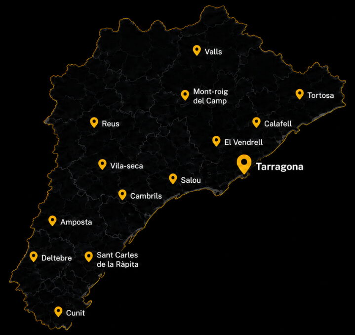 Mapa de la provincia de Tarragona con las zonas donde ofrecemos alquiler de grúas torre