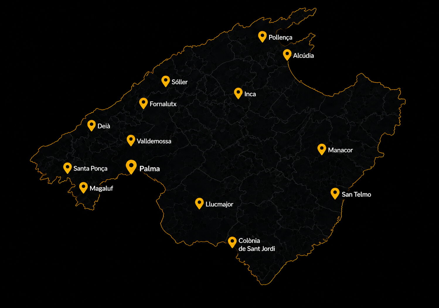 Mapa de Mallorca con las zonas donde ofrecemos alquiler de grúas torre