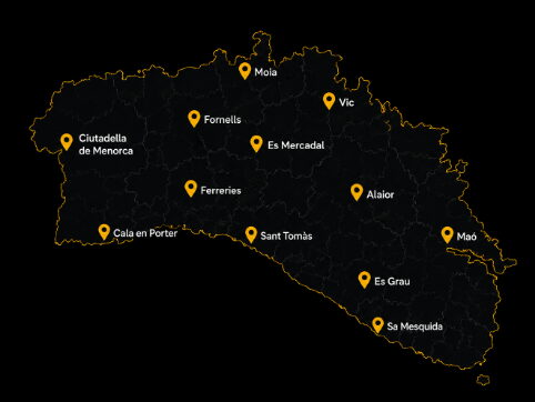 Mapa de Menorca con las zonas donde ofrecemos alquiler de grúas torre Mapa de Menorca con las zonas donde ofrecemos alquiler de grúas torre