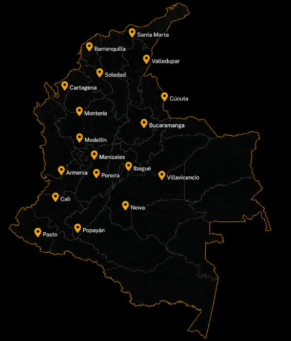 Mapa de Colombia con las ciudades donde ofrecemos arrendamiento de grúas Mapa de Colombia con las ciudades donde ofrecemos arrendamiento de grúas